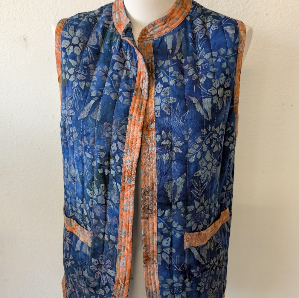 Vest Quilted Reversible Quilted Cottagecore  Orange Blue Bohemian Size M